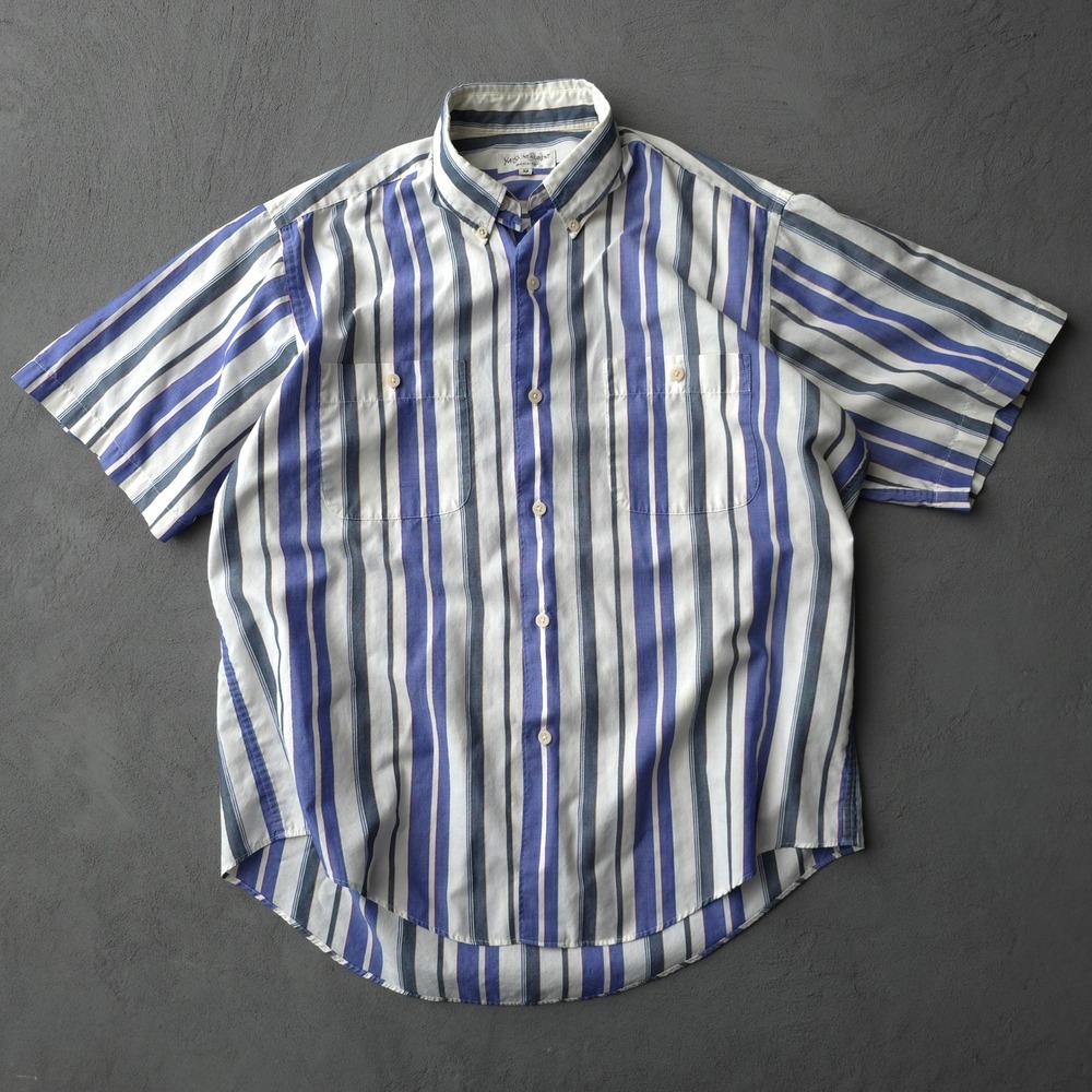 Vintage 90s Yves Saint Laurent Blue Striped Short Sleeve Shirt Size M USA